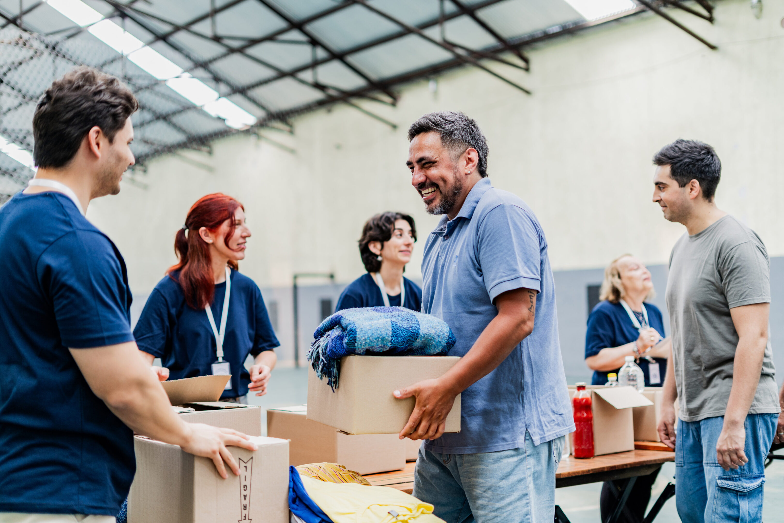 Group assisting with relief efforts indoors